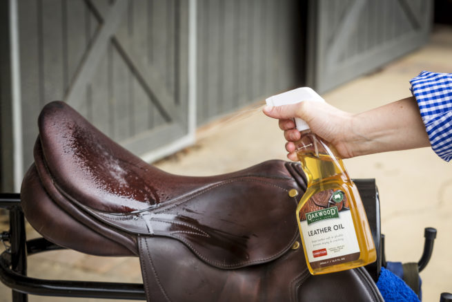 Oakwood Spray Glycerine Leather Cleaner reaches hard to reach areas.  Protects stitching and hydrates leather